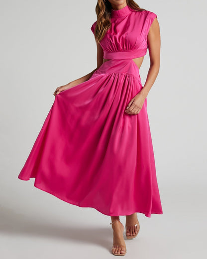 Stand Collar Macaron Waistless Midi Dress VioletRed