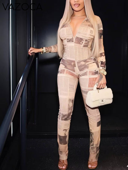 Printed Zip-Front Skinny Jumpsuit