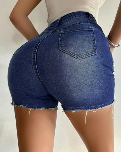 High Waist Handmade Bead Chain Ripped Denim Shorts