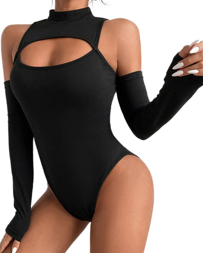 Sexy Hollow Tight Long Sleeve off Shoulder Jumpsuit Bodysuit Black