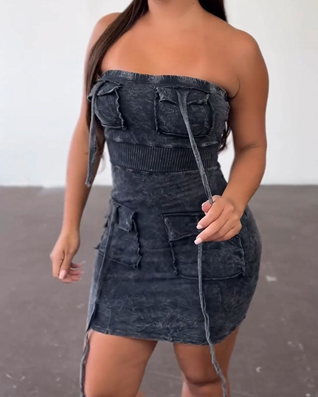 Retro Distressed Washed Bandeau Bodycon Dress (Pre-sale)