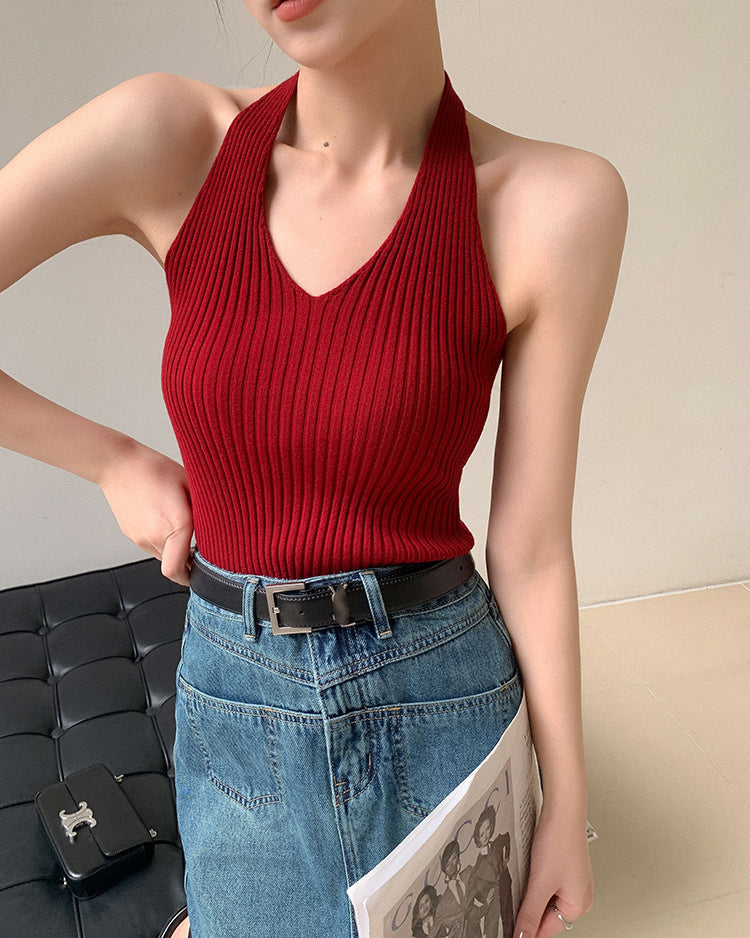 Halterneck Sleeveless Knitted Backless Tank Top