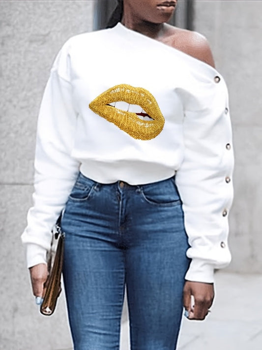 Gorgeousladie Lip One Shoulder Button Sleeve Top