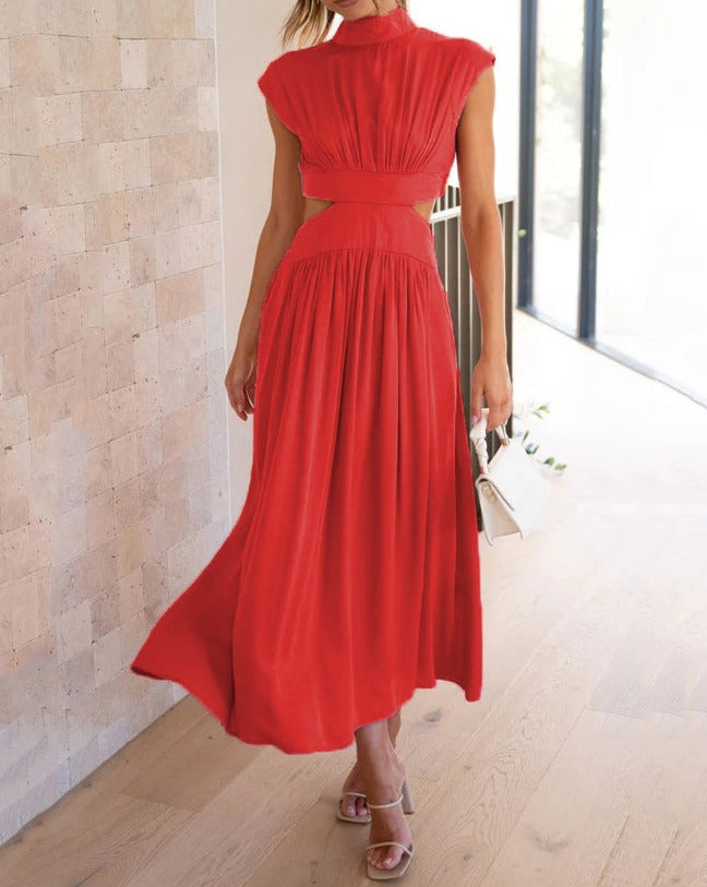 Stand Collar Macaron Waistless Midi Dress Red