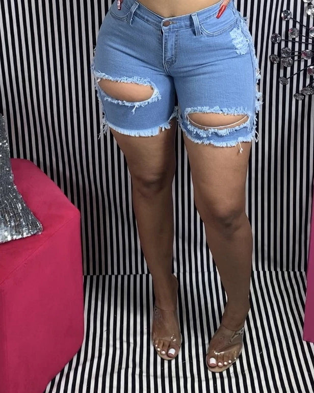 High Waist Ripped Stretch Denim Shorts Women Lightblue