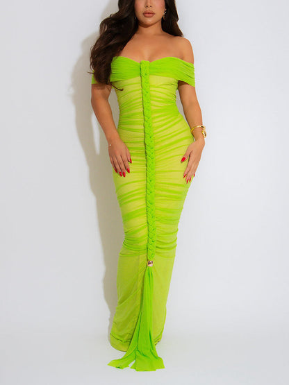Ruched Mesh Braid Rope Maxi Dress
