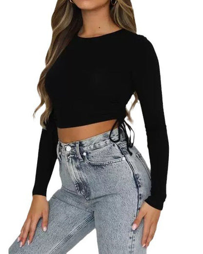 Drawstring Crew Neck Long Sleeve Cropped Top