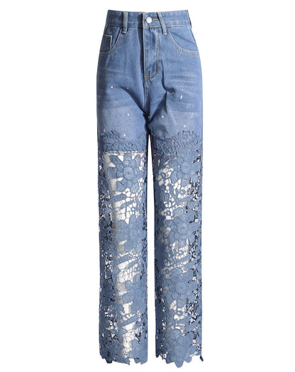 Commuting StyleJeans With Patchwork Lace Design Lightblue