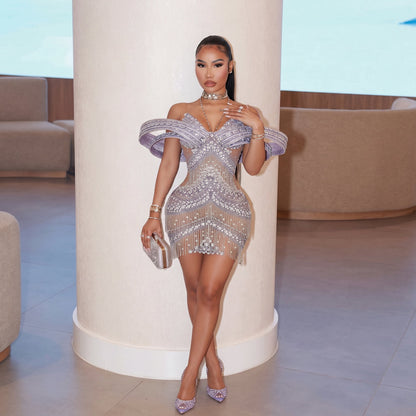 Grandiose Rhinestone Mesh Mini Dress