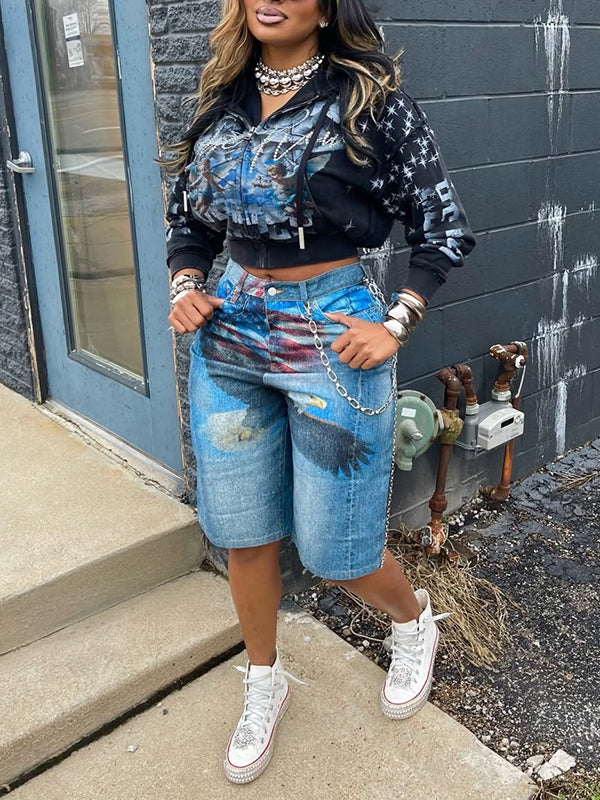 Printed Bermuda Denim Shorts