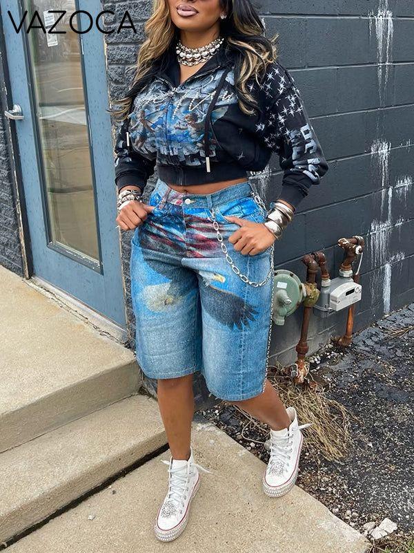 Printed Bermuda Denim Shorts