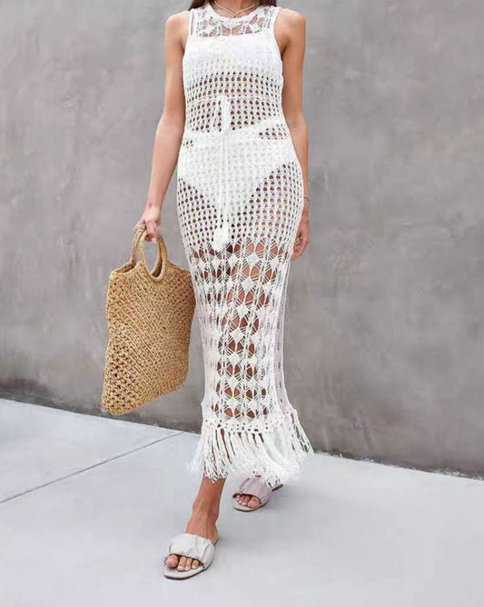 Hollow Knitted Tassel Sexy Dress Beach Bikini Cover-up Vacation Swimsuit Long Skirt White M