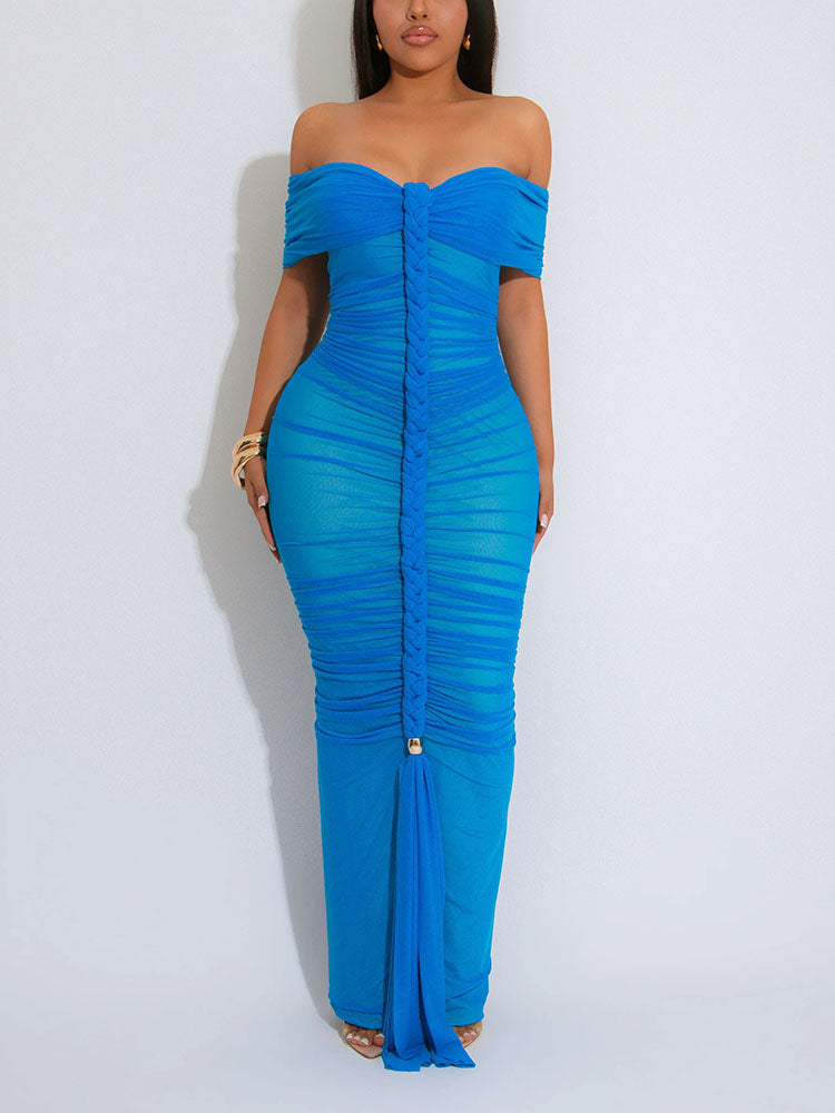 Ruched Mesh Braid Rope Maxi Dress