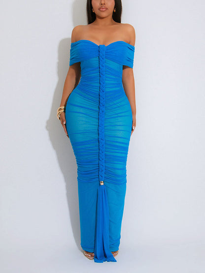 Ruched Mesh Braid Rope Maxi Dress