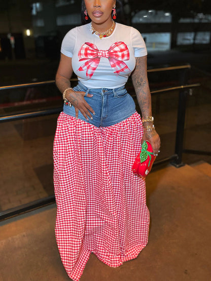 Bow Printed Top & Denim Gingham Pants Set