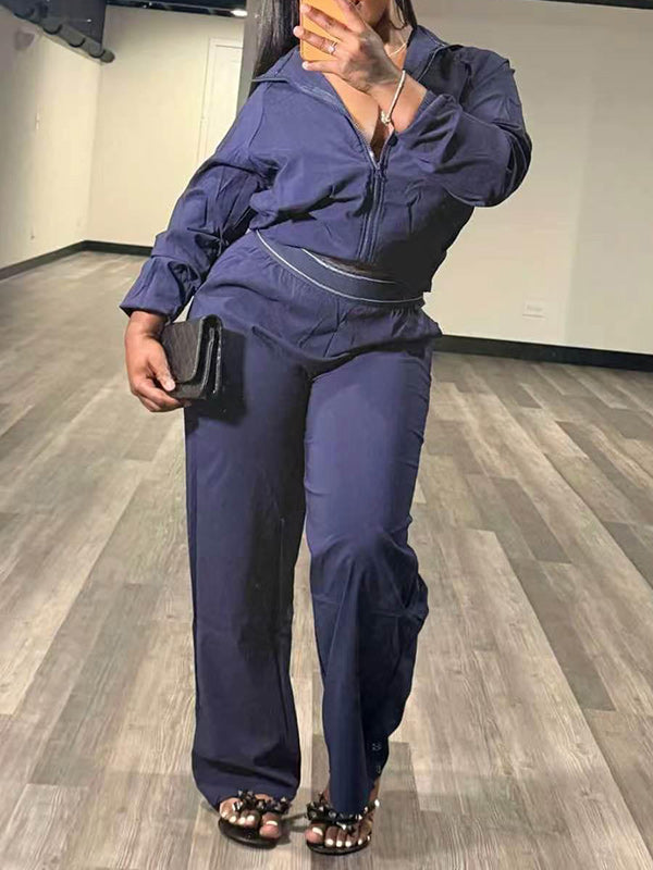 Solid Collared Top & Pants Set