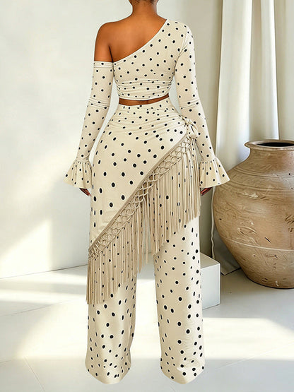 Polka Dot Off-Shoulder Top & Flared Pants Set