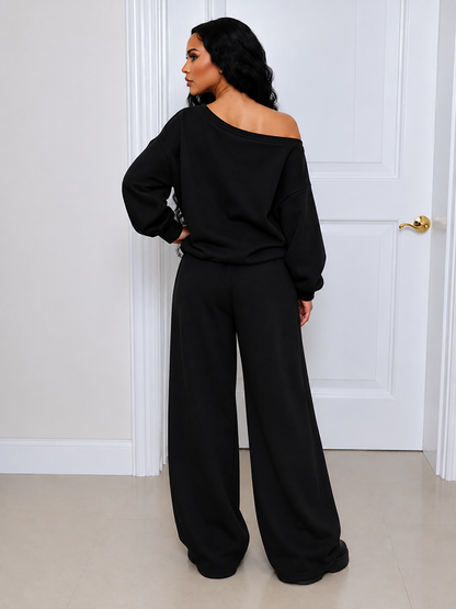 Solid Boat Neck Top & Pants Set