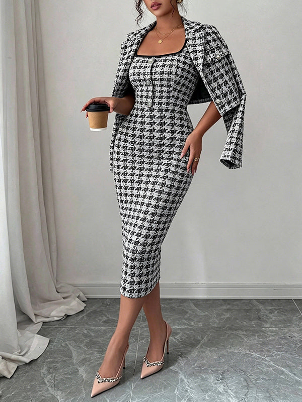 Houndstooth Cropped Blazer & Cami Dress Set