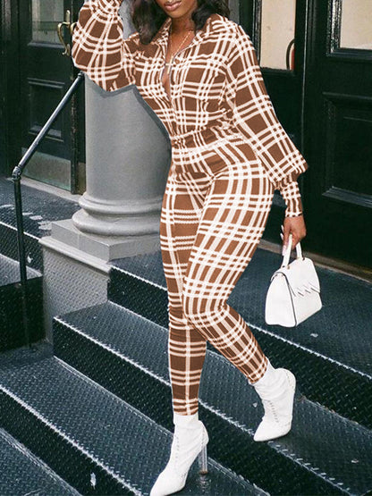 Plaid-Print Collared Jumpsuit