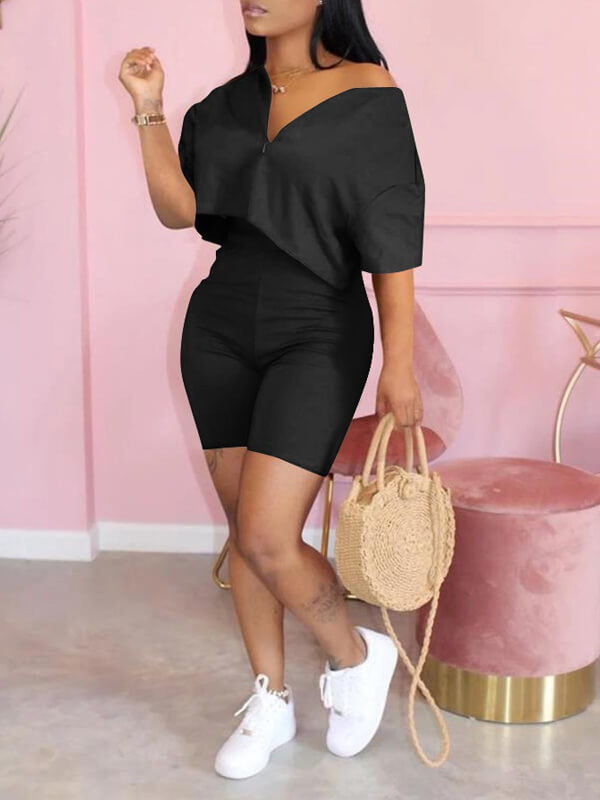 Solid Zip Top & Shorts Set