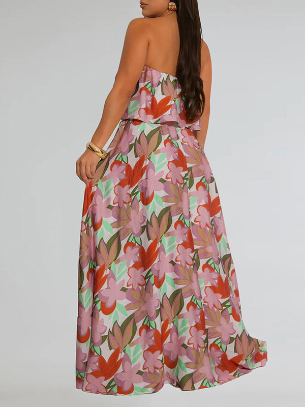 Printed Strapless Slit Dress