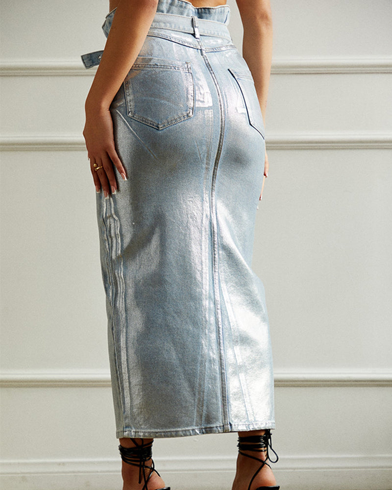 Silver Brushed Denim Maxi Skirt（Pre Sale）