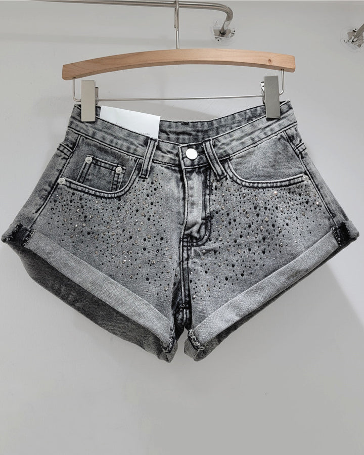 Retro Hot Rhinestone Curled A-Line Wide-Leg Shorts Grey