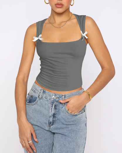 Bow Vest Sexy U-Neck Sweater Top Grey