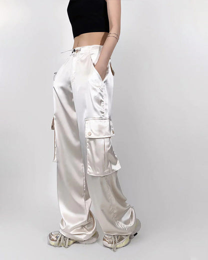 Loose Straight High-Waisted Casual Satin Overalls