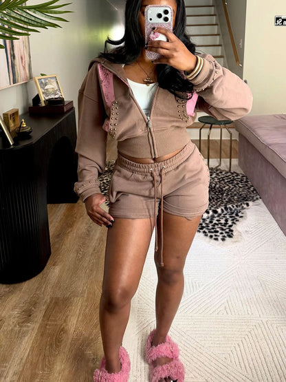 Studded Hoodie Jacket & Shorts Set
