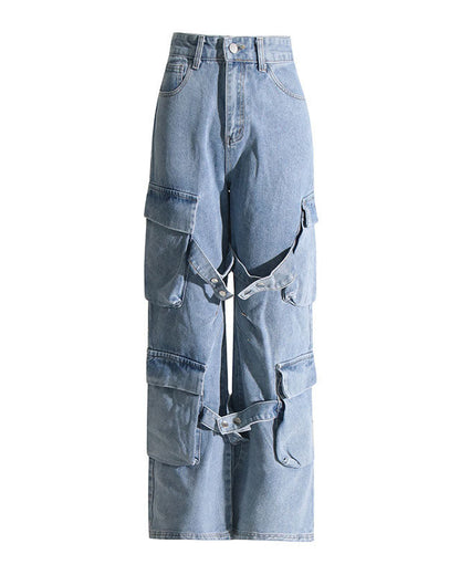 Retro Multi-Pocket Strappy Jeans Women’s Straight Casual Trousers