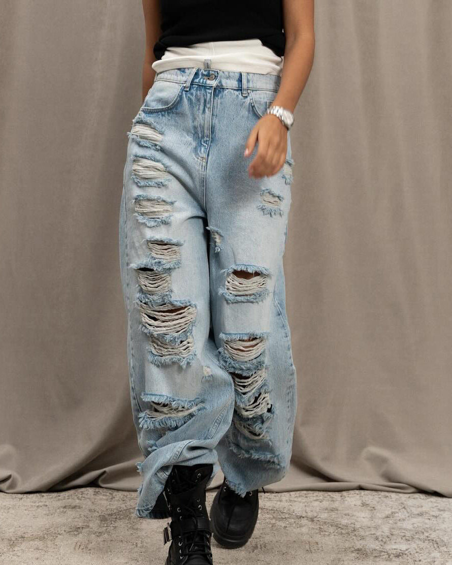 Wasteland Style Ripped Longwide Leg Jeans Lightblue