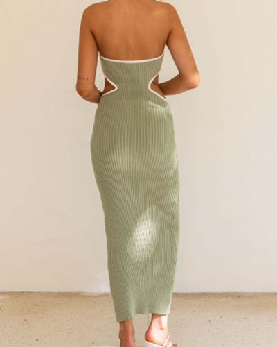 Ribbed Waist Cutout Strapless Slim Fit Dress