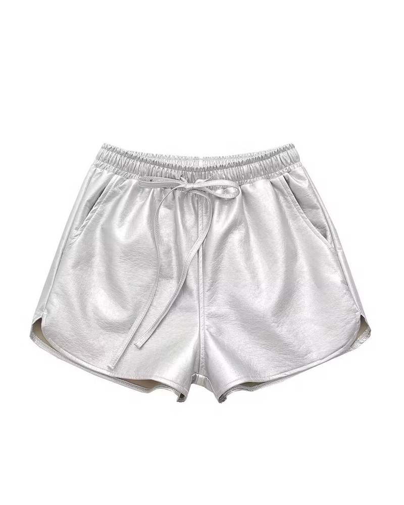 High Waist Elastic Drawstring Leather Wide Leg Shorts Women Thin Straight