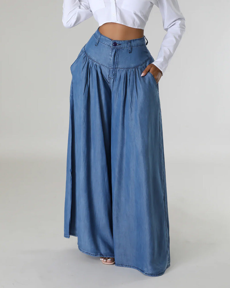 High Waist Wide Leg Denim Women Pants Casual Floor Loose Spring Skirt Trousers