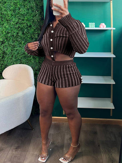 Button Knit Sweater Shorts Set