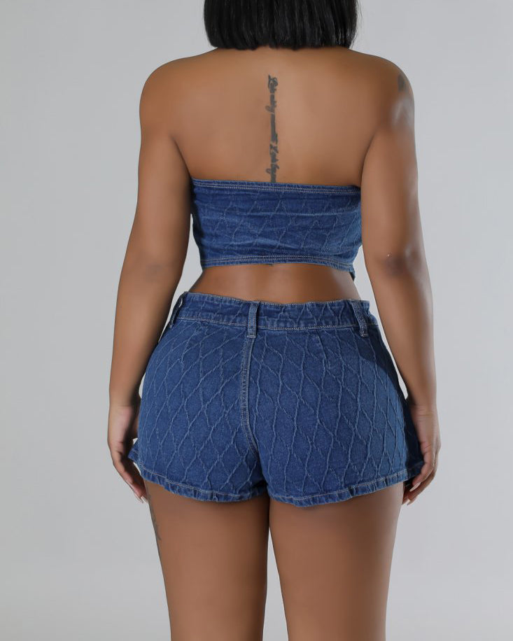 Halter Neck Button Washed Stretch Denim Mini Skirt Set