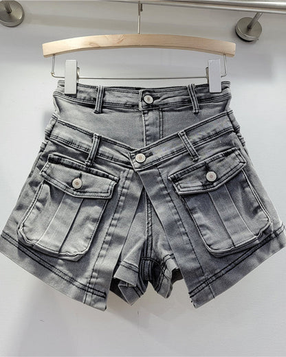 Slim High Waist Washed Fake Two Piece Wide Leg Denim Shorts Grey