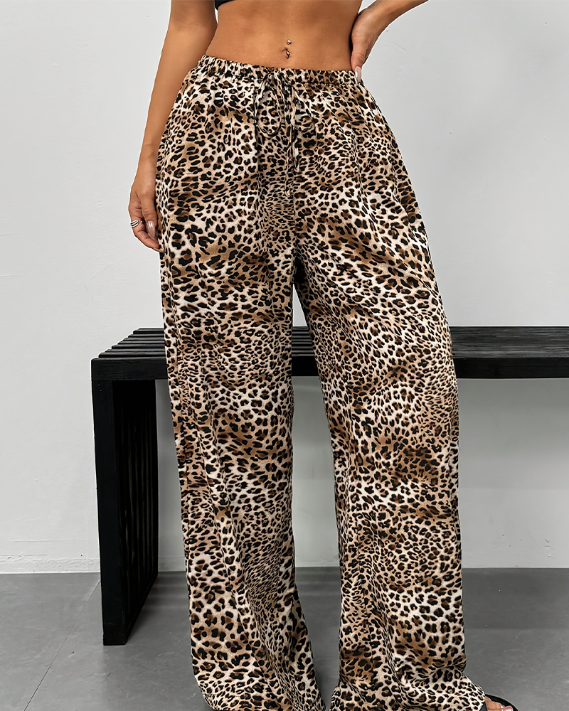 Leopard Print Straight Draped Trousers