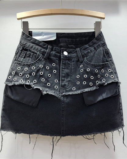 Retro Spliced Fake Two-Piece Denim Skirt Black