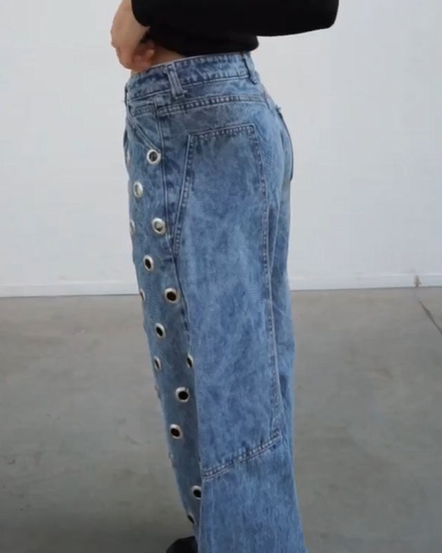 Single-Sided Eyelet Loose Jeans (Pre-sale)