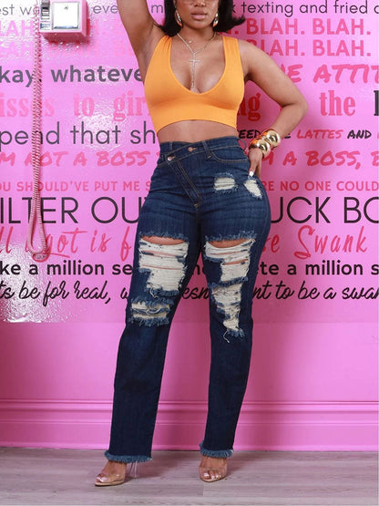 Distressed Asymmetrical Zip Jeans