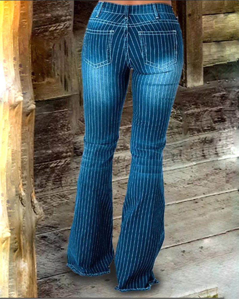 Mid-Rise Striped Flared Jeans