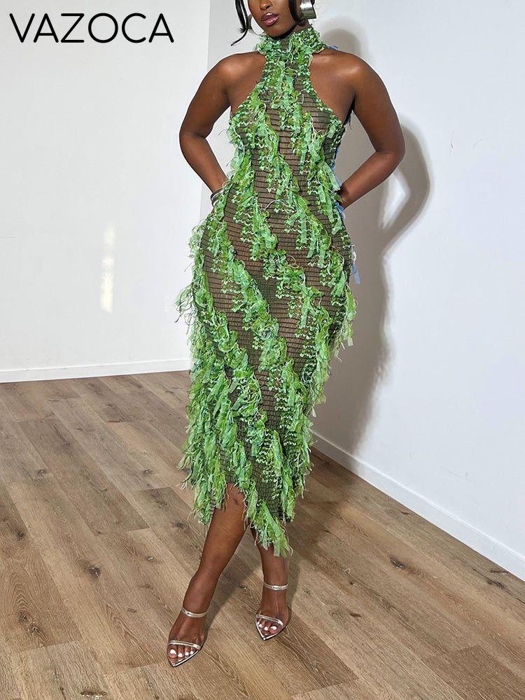 Double-Toned Fringe Mesh Dress