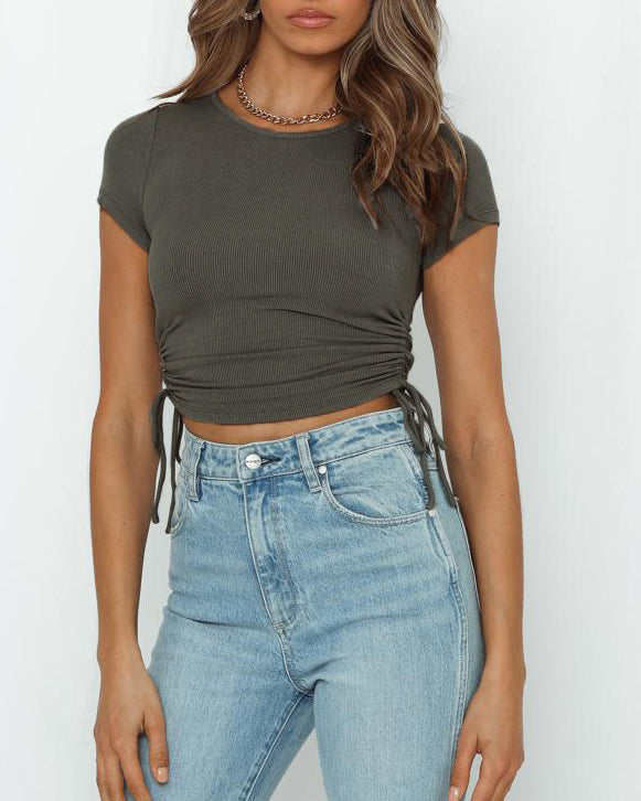 Midriff-Baring Drawstring Crew Neck T-Shirt Top Grey