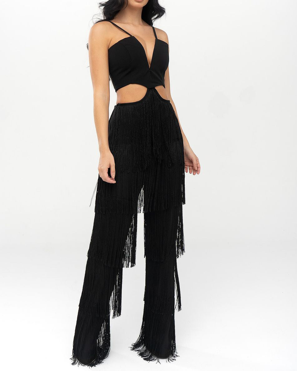 Cut-Out Waist-Revealing Fringed Jumpsuit (Pre-Sale)