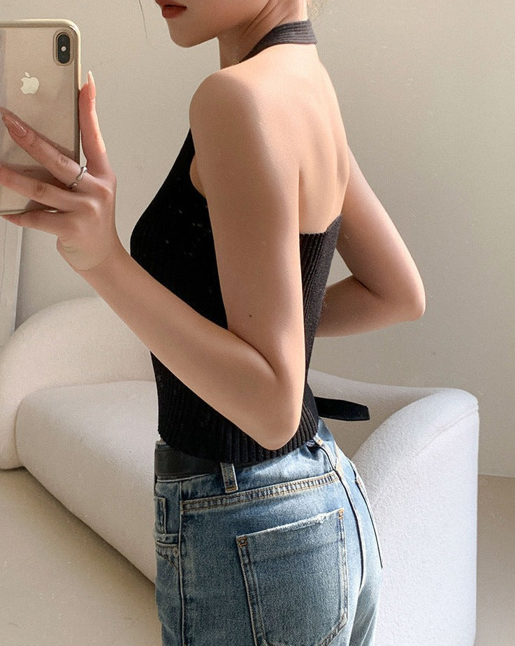 Halterneck Sleeveless Knitted Backless Tank Top