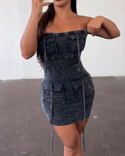 Retro Distressed Washed Bandeau Bodycon Dress (Pre-sale)