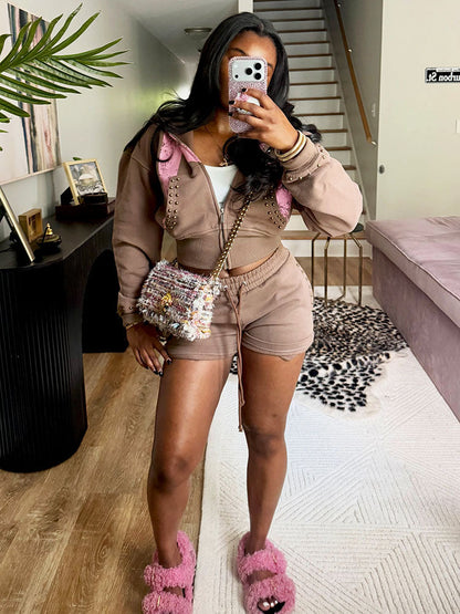 Studded Hoodie Jacket & Shorts Set